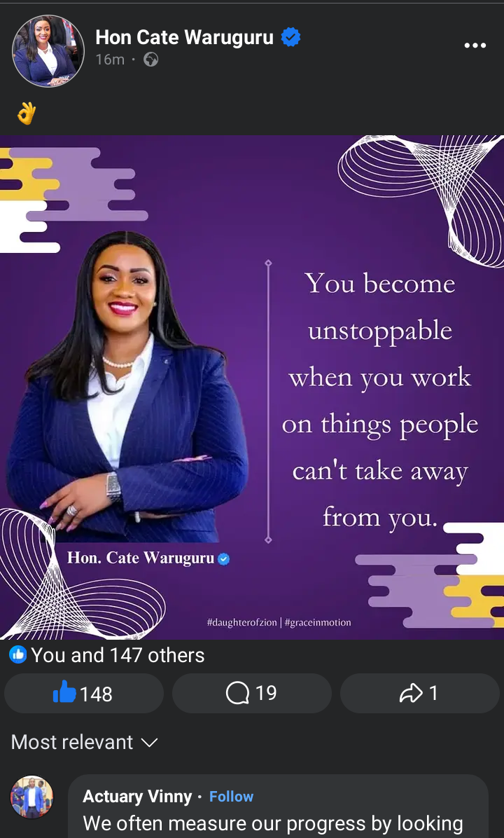 Netizen Reacts to Honourable Cate Waruguru After She Posted This Online.