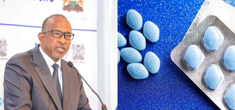 Collage photo of Health CS Adan Duale and blue pills. PHOTONMG